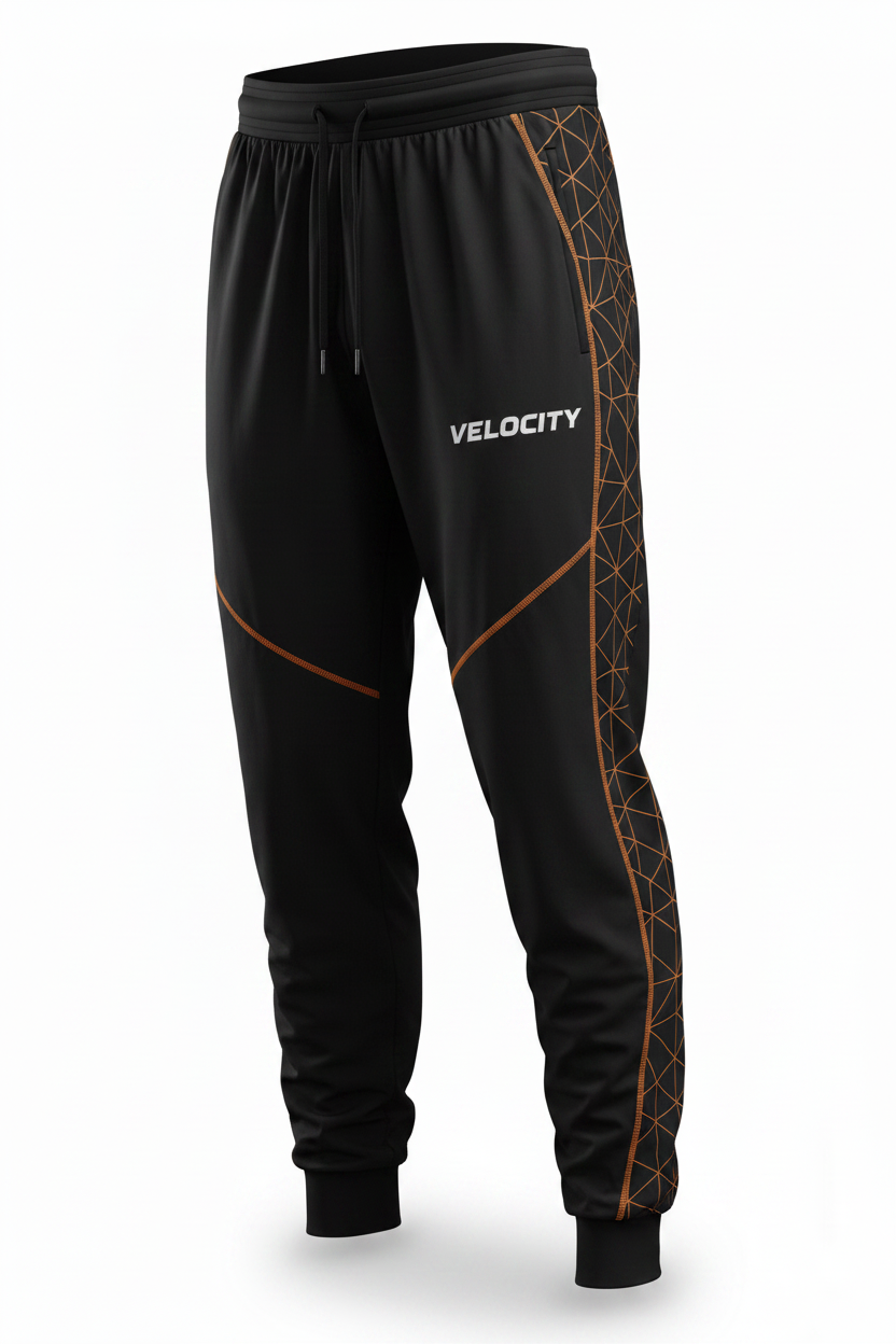 Velocity loose-fit athletic pants in black with orange geometric pattern and VELOCITY text