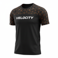Velocity athletic performance shirt in black with orange outline geometric pattern and VELOCITY text on chest
