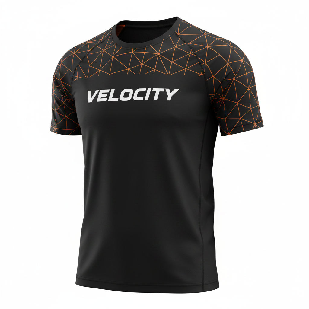 Velocity athletic performance shirt in black with orange outline geometric pattern and VELOCITY text on chest