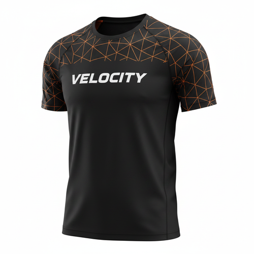 Velocity athletic performance shirt in black with orange outline geometric pattern and VELOCITY text on chest